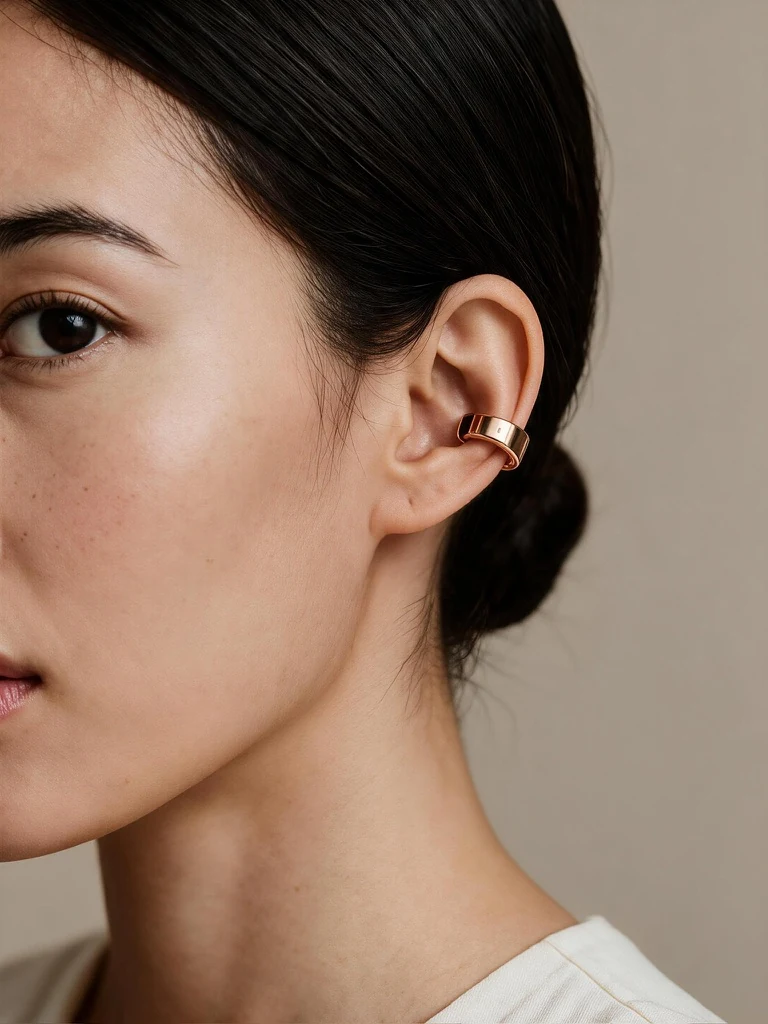 Rose-gold ear cuff on a dark-haired woman.